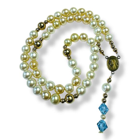 Faux Pearl Rosary Blue Rhinestone Beads Mother of Pearl Crucifix Prayer Beads - Picture 6 of 6